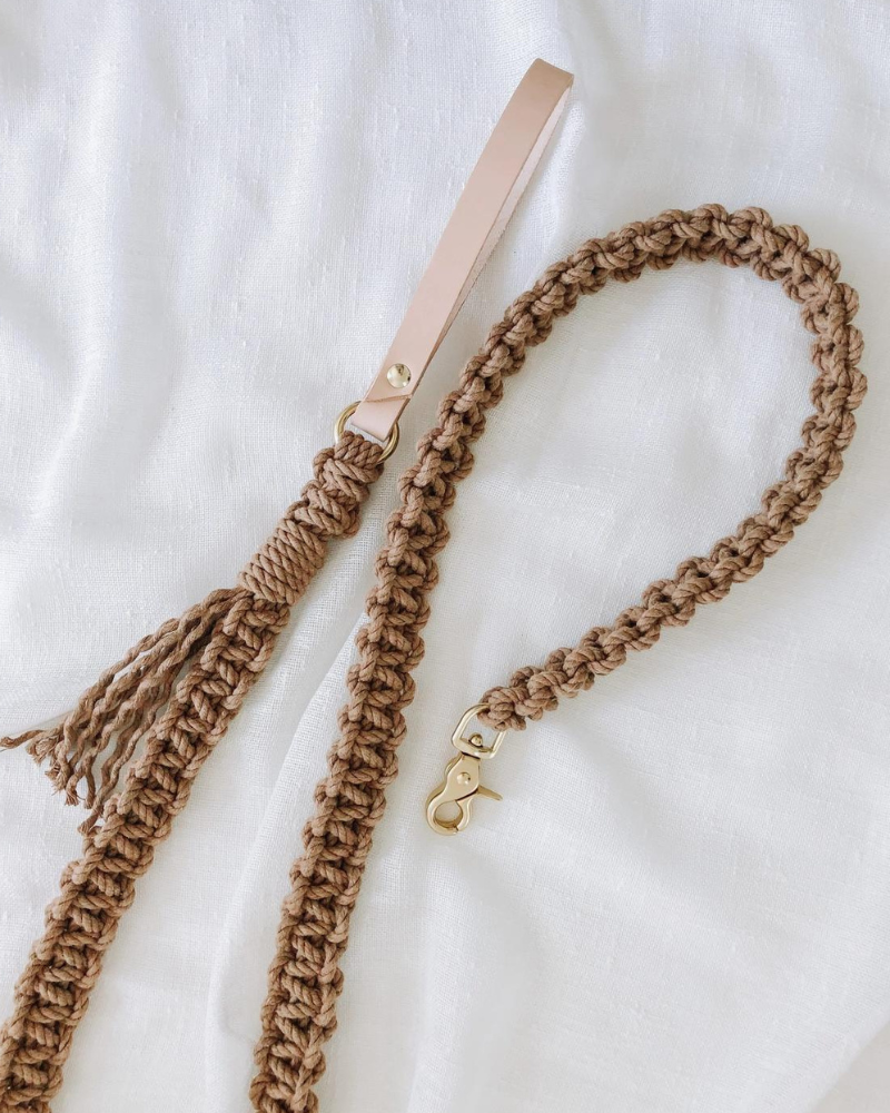 Macrame and Leather Dog Leash in Brown Made in the USA