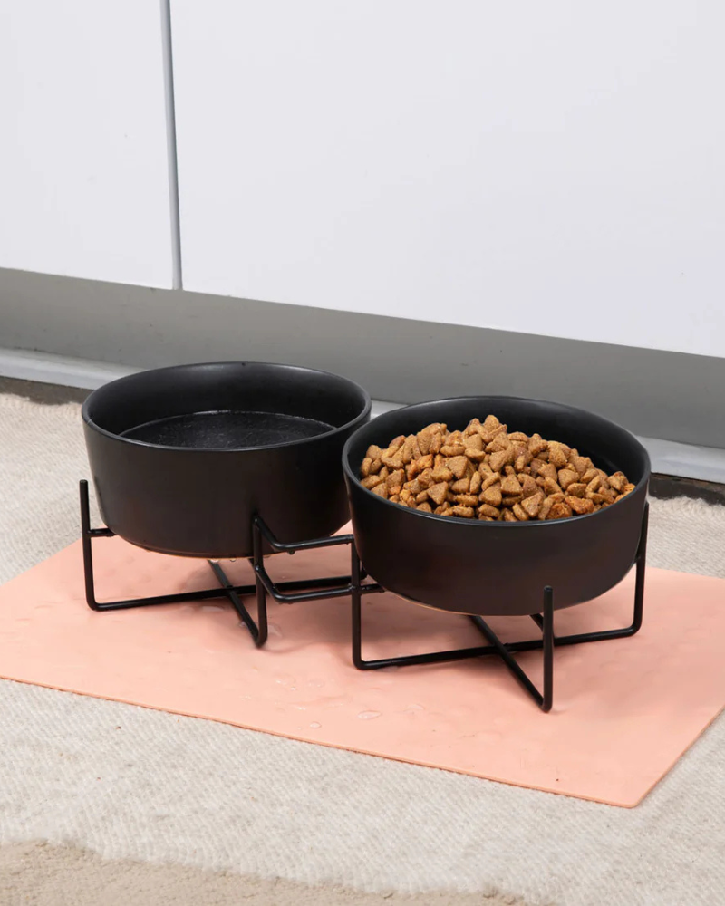 Simple Solid Double Feeder Bowl + Bowl Stand in Black Eat WAGGO