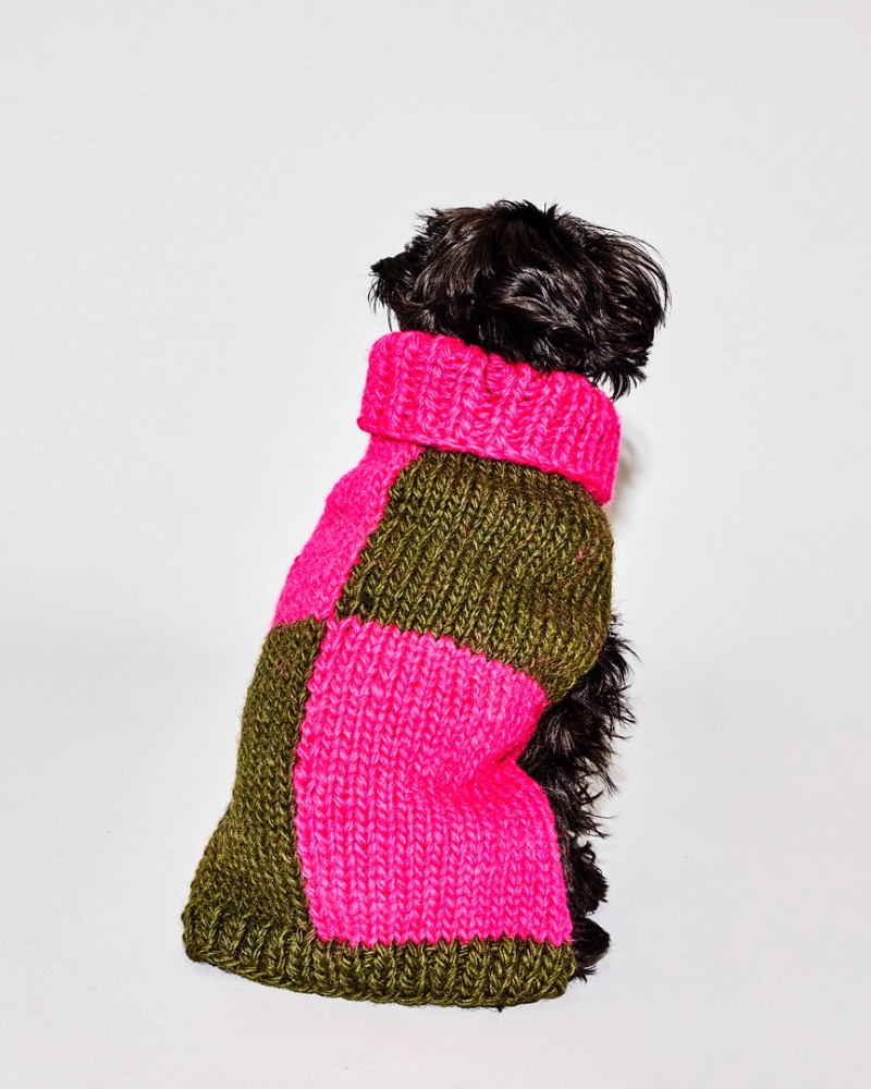 Hand Knit Checkered Wool Dog Sweater (Pink & Green) Wear WARE OF THE DOG