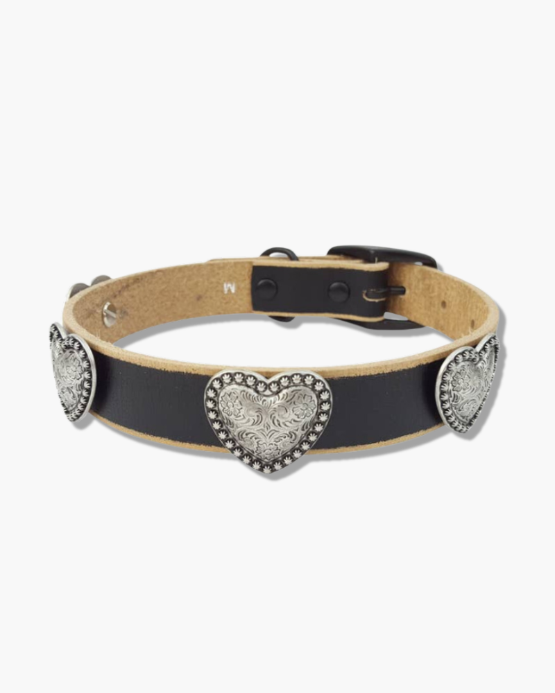 Genuine Distressed Leather Dog Collar with Heart Conchos WALK AXESORIA WEST   