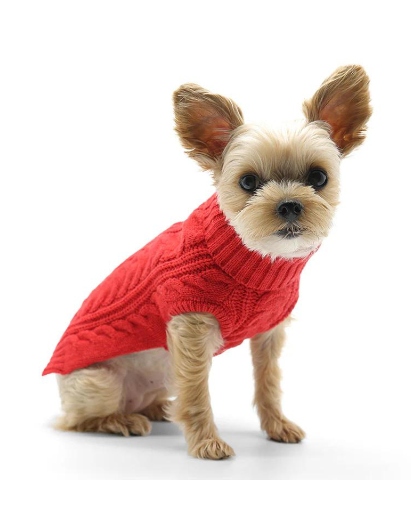 Classic Cable Dog Turtleneck Sweater in Red Wear DOGO   