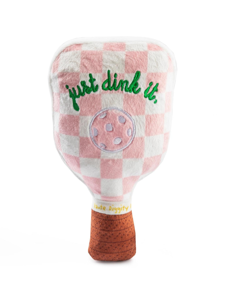 Pink Check Pickleball Paddle Plush Squeaky Dog Toy Play HAUTE DIGGITY DOG   