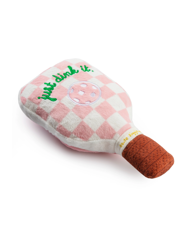 Pink Check Pickleball Paddle Plush Squeaky Dog Toy Play HAUTE DIGGITY DOG   