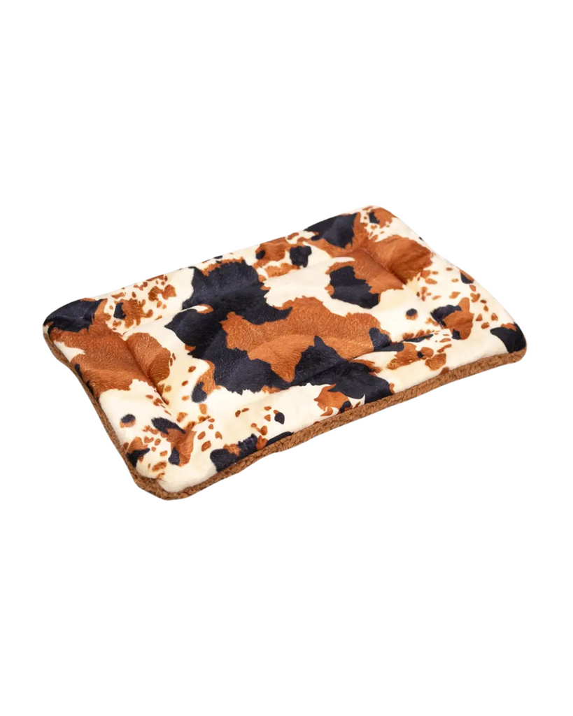 Tan Cow Print Velboa Fur Fleece Pet Napping Mat (Made in the USA) HOME MUTTS & MITTENS