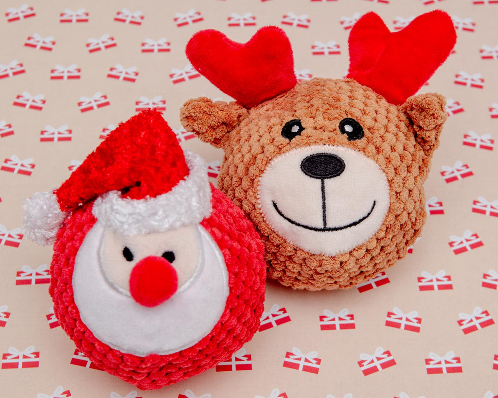 Santa + Reindeer Squeaky Ball Dog Toy Set Play PET LOU   