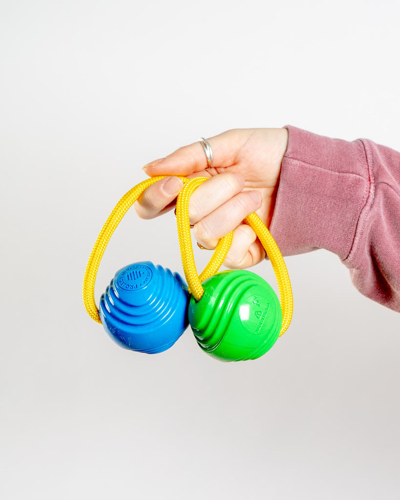 Looped Balls Tug & Fetch Rubber Dog Toys in Green & Blue (Made in the USA) PLAY PROJECT HIVE PET COMPANY