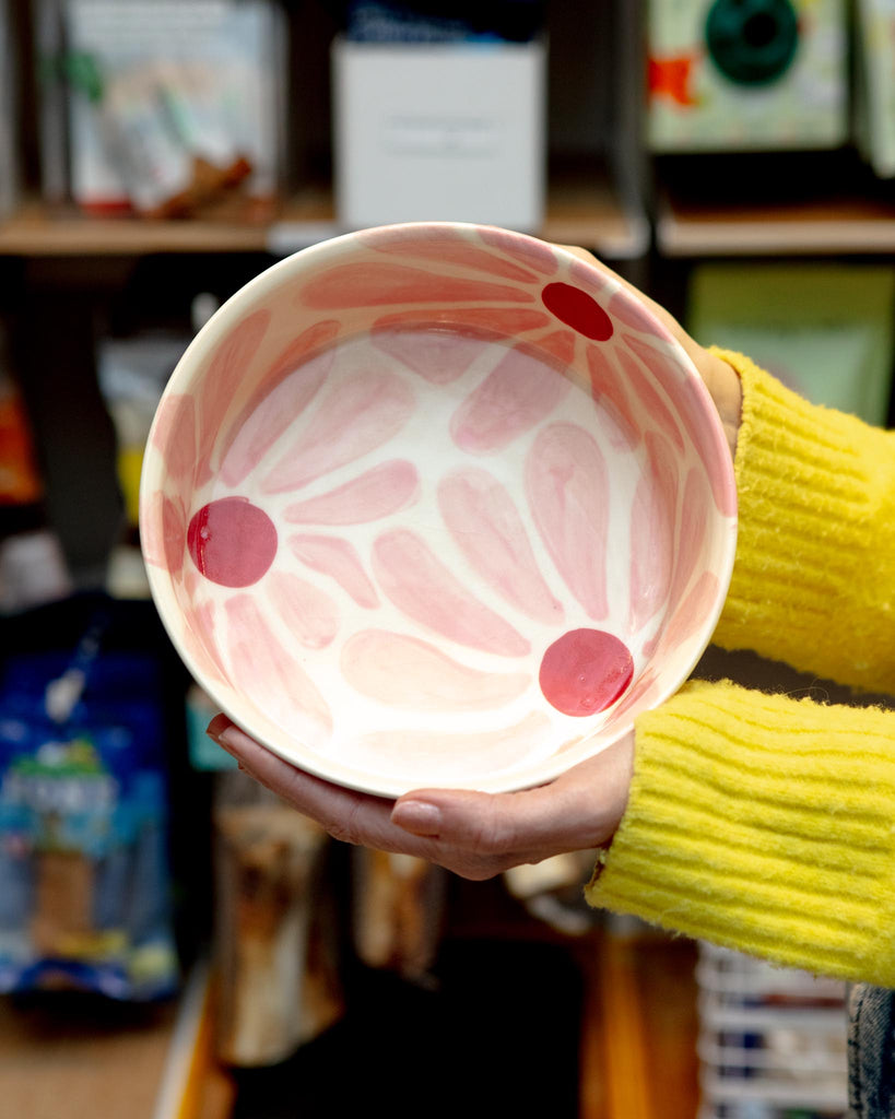 Handmade Ceramic Dog Bowl in Pink & Red Retro Flower (Made in the USA) EAT RISE AND SHINE CERAMICS