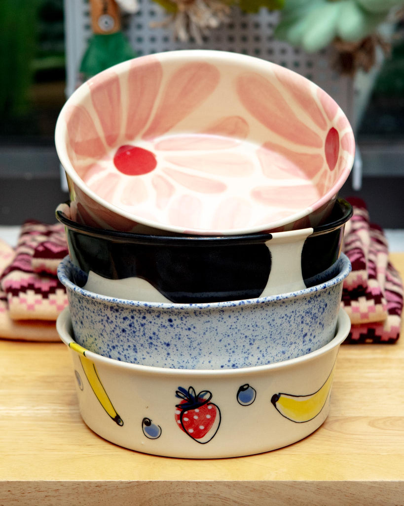 Handmade Ceramic Dog Bowl in Cow Print (Made in the USA) EAT RISE AND SHINE CERAMICS