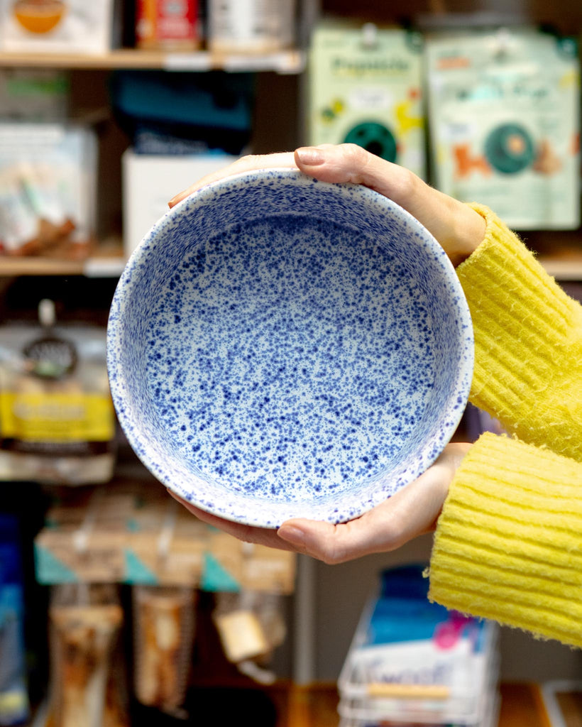 Handmade Ceramic Dog Bowl in Blue Speckle (Made in the USA) EAT RISE AND SHINE CERAMICS