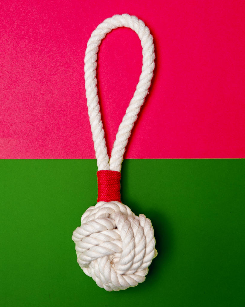 Monkey Fist Rope Dog Toy in White with Red Whipping (Made in the USA) Play MYSTIC KNOTWORK