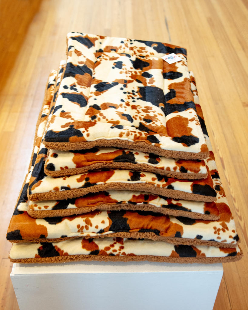 Tan Cow Print Velboa Fur Fleece Pet Napping Mat (Made in the USA) HOME MUTTS & MITTENS