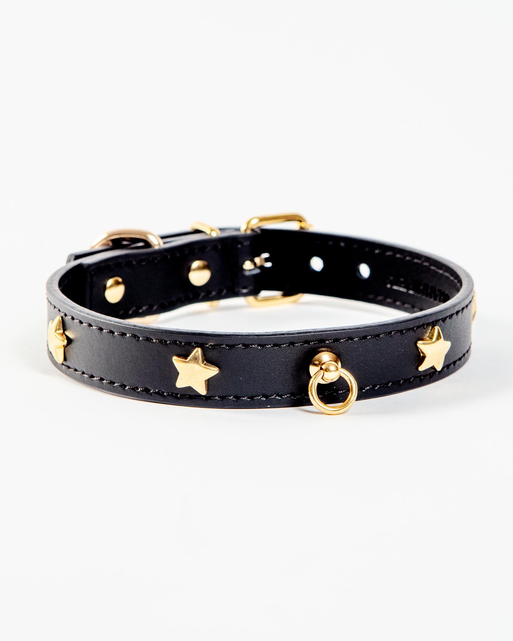 Black Nara Leather Dog Collar with Brass Stars Made in Italy