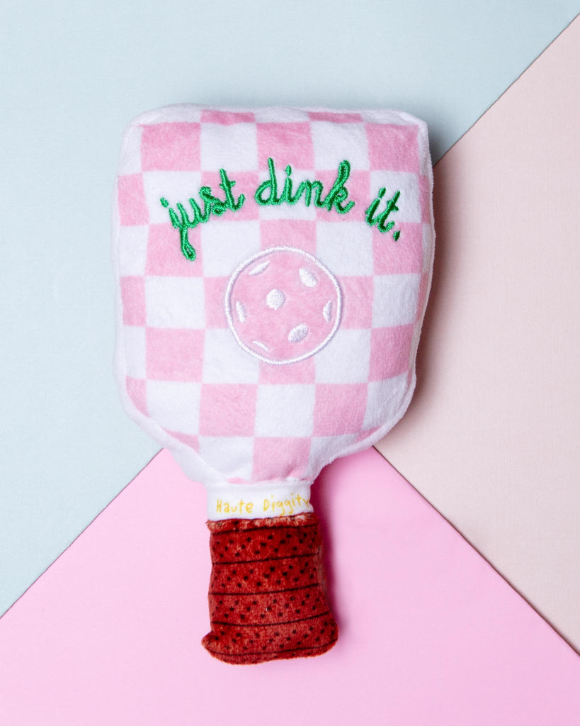 Pink Check Pickleball Paddle Plush Squeaky Dog Toy Play HAUTE DIGGITY DOG   