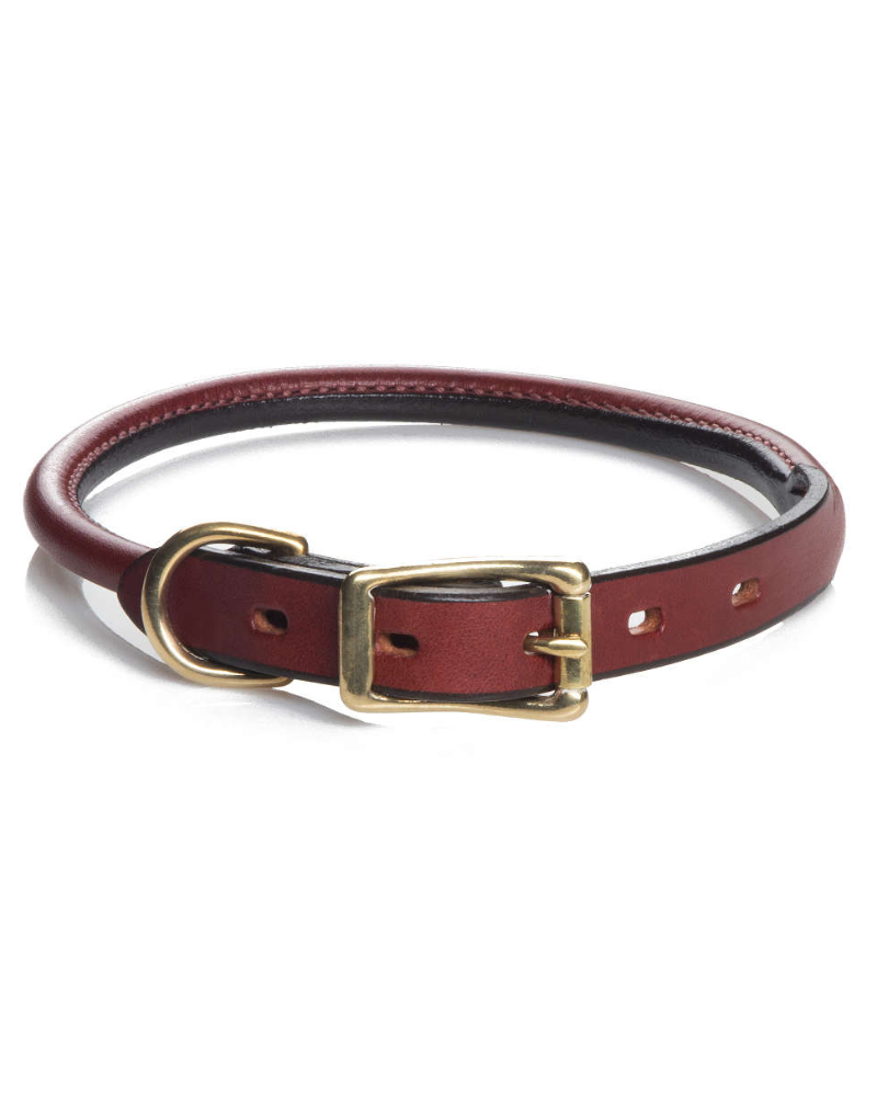 Rolled English Bridle Leather Dog Collar in Chestnut (Made in the USA) WALK MENDOTA