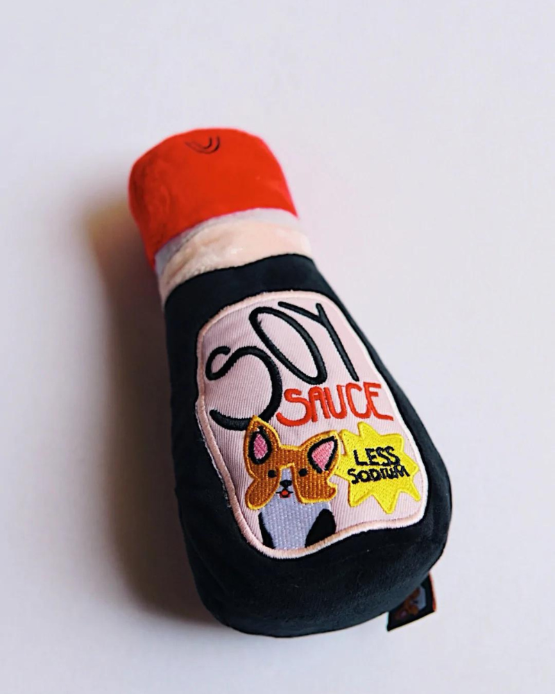 Bottle Of Soy Sauce Squeaky Plush Dog Toy Play WOOF & CO   